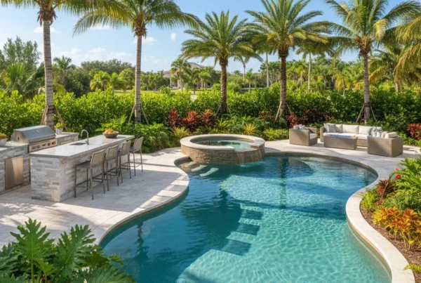 Custom pool and outdoor living area with tropical landscaping in Florida