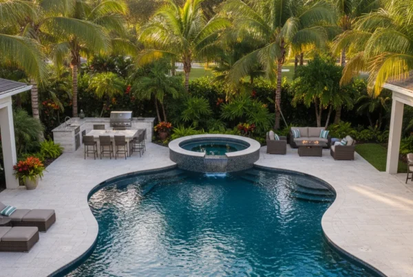 Custom pool with tropical landscaping and outdoor kitchen in Florida