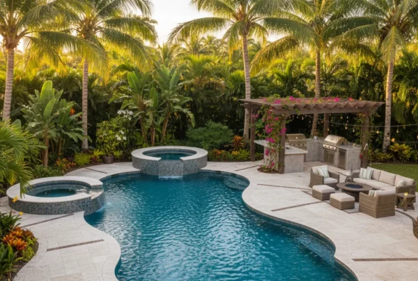 Custom pool and outdoor living area with tropical landscaping in Florida
