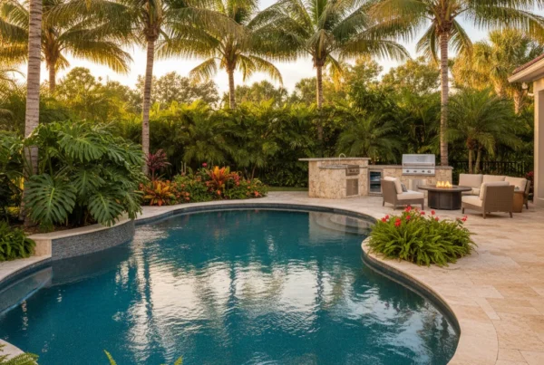 custom pool and outdoor living area with tropical landscaping in Florida