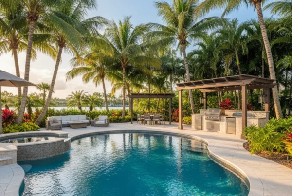 Custom pool and outdoor living area with tropical landscaping in Florida