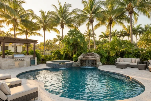 Custom pool and outdoor living area with tropical landscaping in Florida