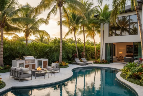 Custom pool and outdoor living area with tropical landscaping in Florida