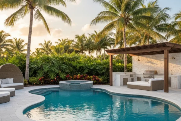 Custom pool and outdoor living area with tropical landscaping in Florida