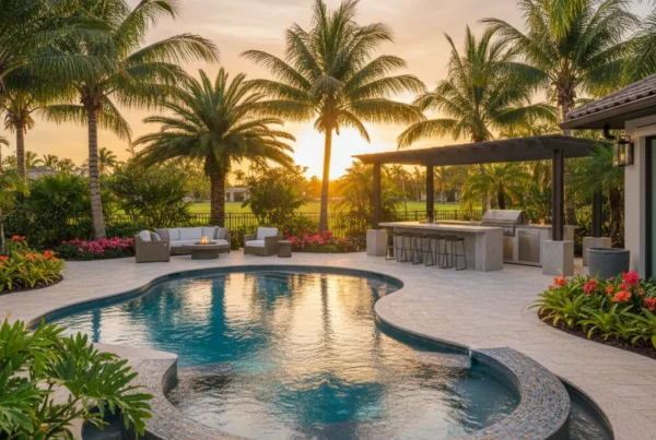 custom pool and outdoor living area with tropical landscaping in Florida