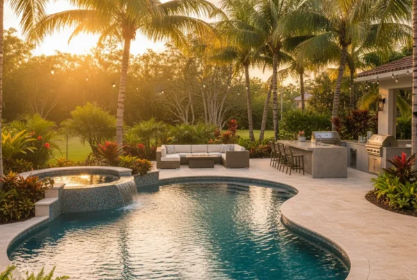 Custom pool and outdoor living area with tropical landscaping in Florida
