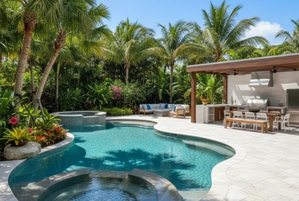Custom pool and outdoor living area with tropical landscaping in Florida