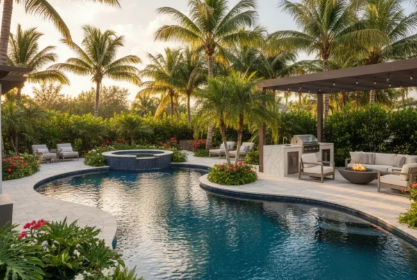 Custom pool and outdoor living area with tropical landscaping in Florida