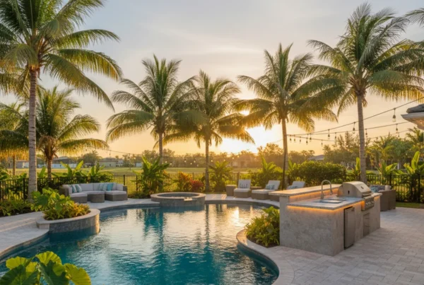 Custom pool and outdoor living area with tropical landscaping in Florida