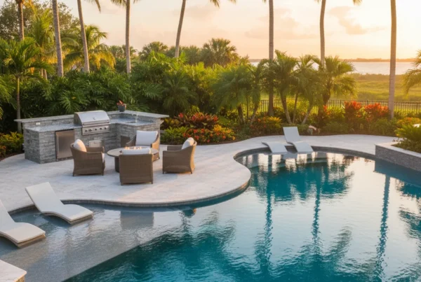 custom pool and outdoor living area with tropical landscaping in Florida