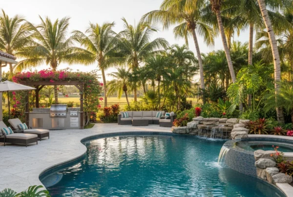 Custom pool and outdoor living area with tropical landscaping in Florida