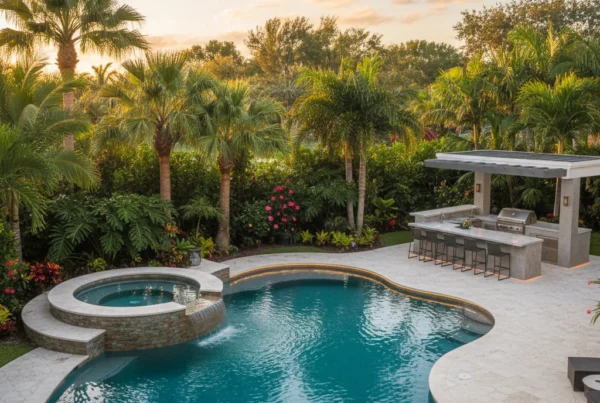 Custom pool and outdoor living area with tropical landscaping in Florida