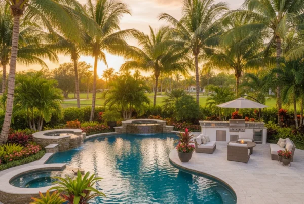 Custom pool and outdoor living area with tropical landscaping in Florida