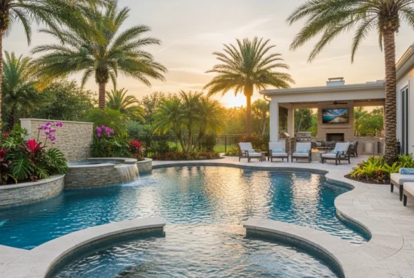 Custom spa and pool in Orange County Florida backyard with tropical landscaping