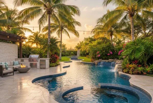 custom pool and outdoor living area with tropical landscaping in Florida