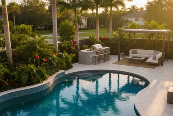 Custom pool and outdoor living area with tropical landscaping in Florida