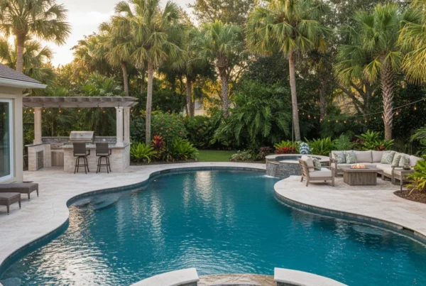 Custom spa and pool with tropical landscaping in Osceola County FL