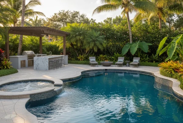 Custom pool with tropical landscaping and outdoor kitchen in Florida