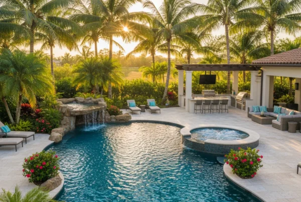 Custom pool and outdoor living area with tropical landscaping in Florida