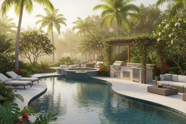 Custom pool and outdoor living area with tropical landscaping in Florida