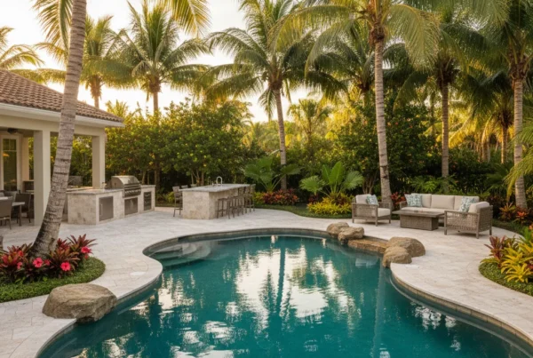 Custom pool and outdoor living area with tropical landscaping in Florida