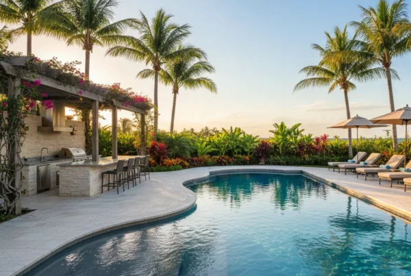 Custom pool and outdoor living area with tropical landscaping in Florida