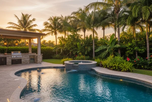 Custom pool and outdoor living area with tropical landscaping in Florida