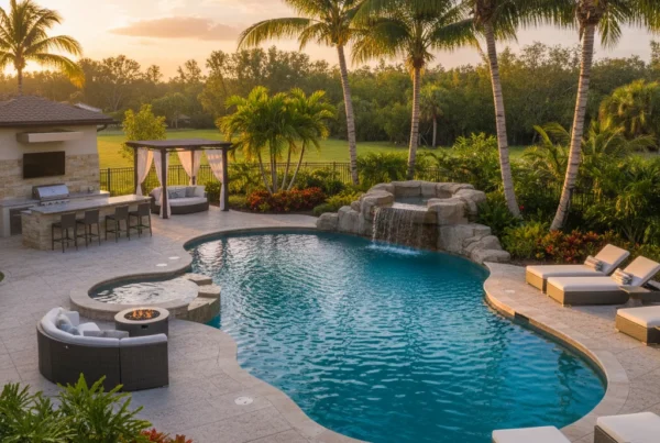 Custom pool and outdoor living area with tropical landscaping in Florida