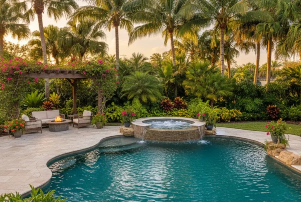 Custom spa and pool with tropical landscaping in Seminole County Florida