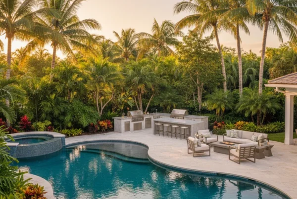 custom pool and outdoor living area with tropical landscaping in florida