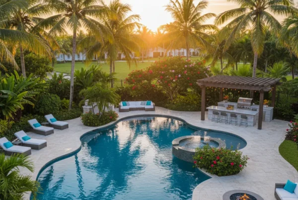 Custom pool and outdoor living area with tropical landscaping in Florida