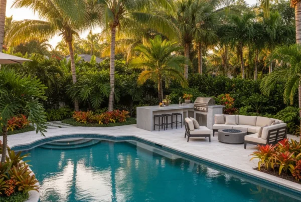 custom pool and outdoor living area with tropical landscaping in Florida