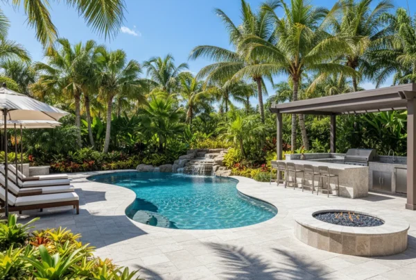 Custom pool and outdoor living area with tropical landscaping in Florida