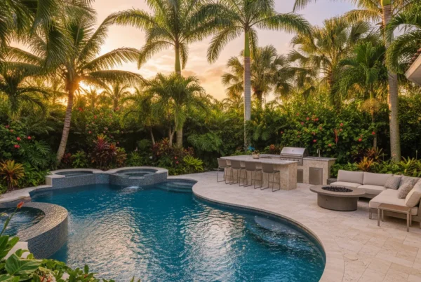 custom pool with tropical landscaping and outdoor kitchen in florida