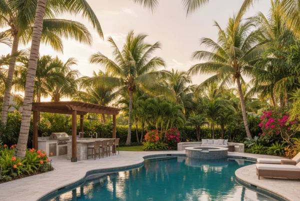 Custom pool and outdoor living area with palm trees in Florida