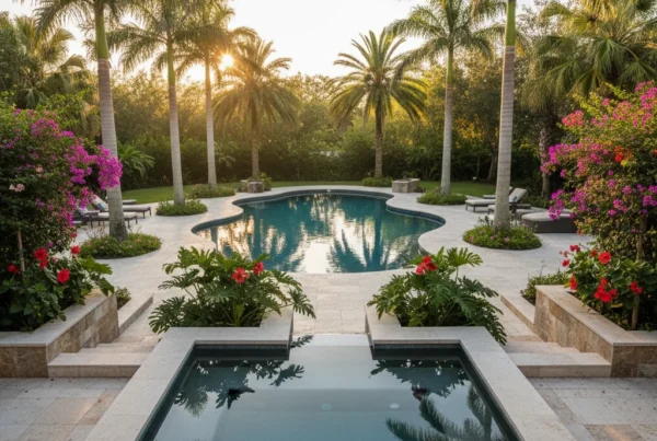 Custom spa with tropical landscaping in Central Florida backyard