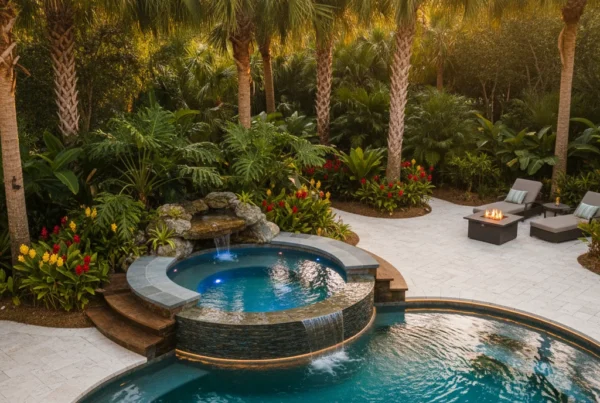 Custom spa with hydrotherapy jets in tropical Central Florida backyard
