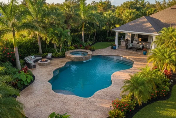 Stamped concrete pool deck with tropical landscaping in Central Florida
