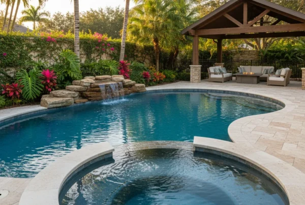 Custom pool with attached spa in Central Florida backyard with palm trees