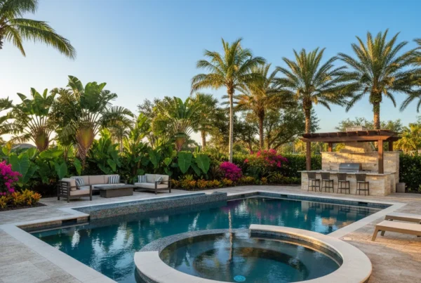 Custom pool with spa and outdoor kitchen in Central Florida tropical setting