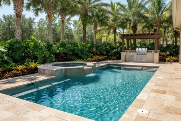 Custom pool with spa and outdoor kitchen in Central Florida tropical setting