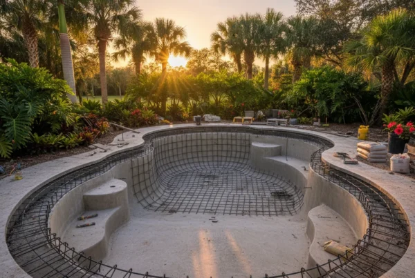 custom pool shell construction with rebar in Central Florida backyard