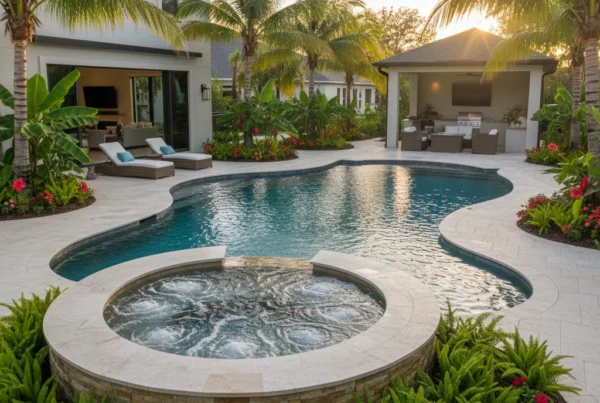 Custom spillover spa and pool with tropical landscaping in Central Florida