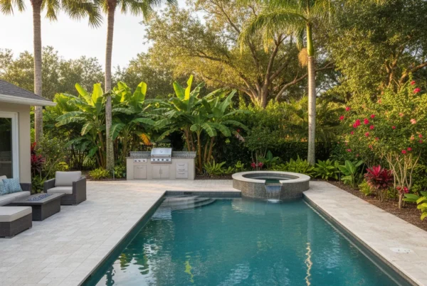 Custom gunite pool with tropical landscaping in Central Florida backyard