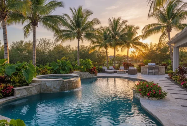 Custom hot tub and pool combo with tropical landscaping in Central Florida