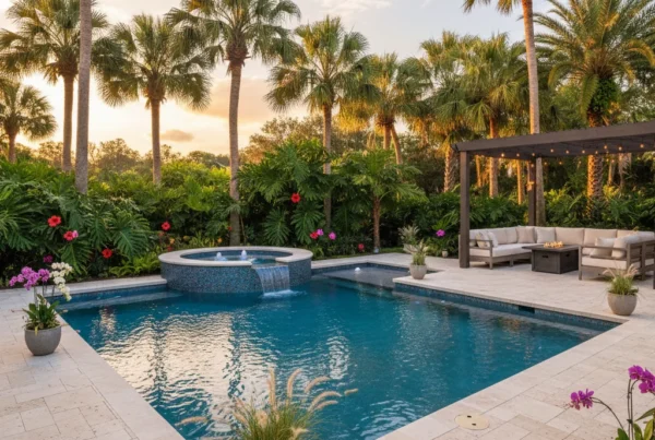 Custom spa and pool in tropical Leesburg Florida backyard