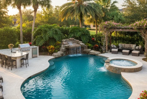 Custom pool with tropical landscaping and palm trees in Central Florida