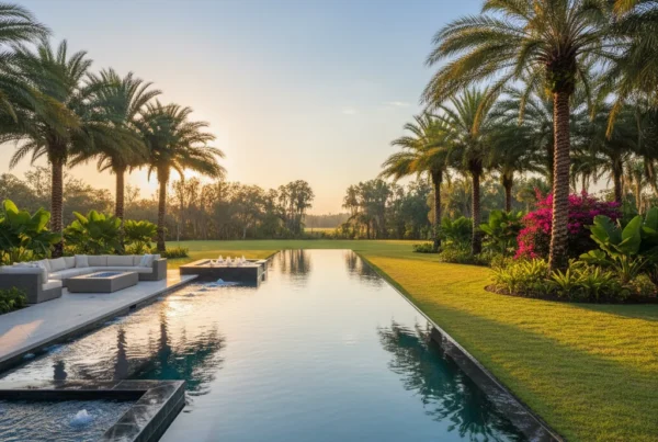 Custom infinity pool on flat yard with tropical landscaping in Central Florida