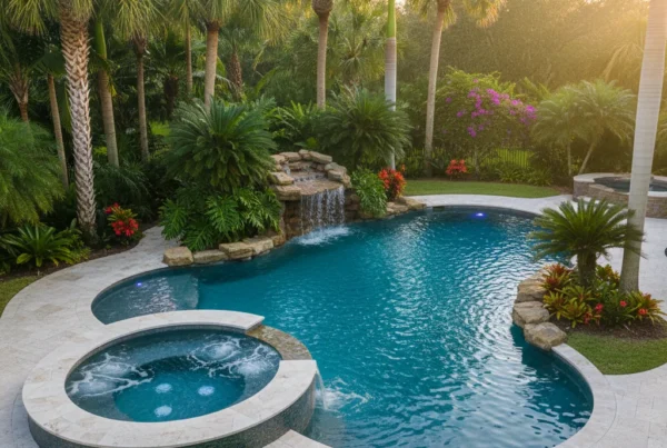 Custom pool with hot tub in Central Florida backyard with tropical landscaping