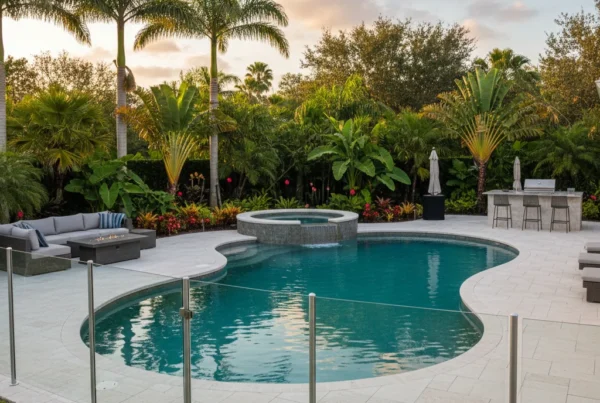 Central Florida custom pool with safety barrier fence and tropical landscaping